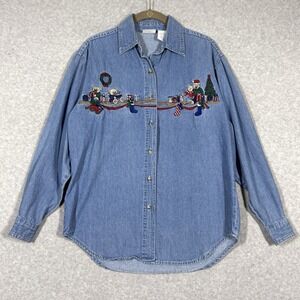 Vintage Christmas Denim Shirt Womens Small Teddy Bear Presents Cottage 90s‎ Y2K